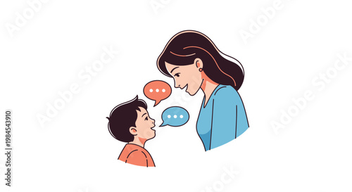 Vibrant illustration of a caring adult engaging in an interactive conversation with a young child, symbolizing effective communication, learning, and connection in early development