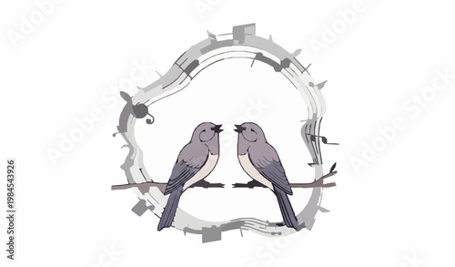 Elegant birds singing romantic duet vector illustration with flowing musical notes modern minimal style