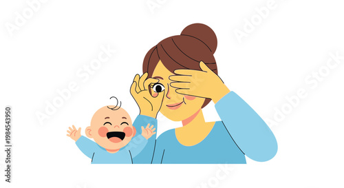 A joyful mother peeking through her fingers at her happy baby who is smiling and laughing with excitement