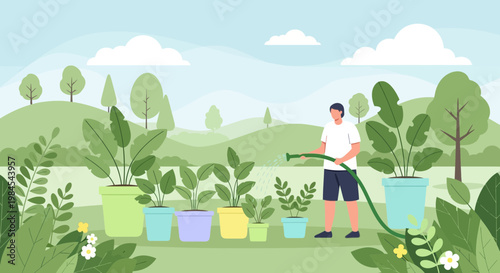 Man watering plants in garden with hose.