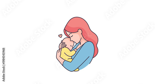 A mother tenderly cradles her newborn baby in her arms, a symbol of love and family bonding, depicted in a simple, heartwarming illustration