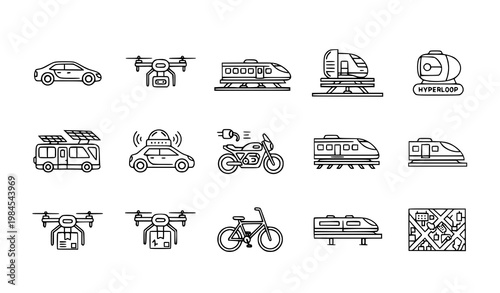 A set of modern transportation icons in a minimalist line art style