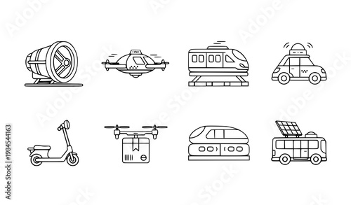 A set of modern transportation icons in a minimalist line art style