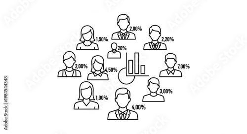 Group of people with data charts and percentages.