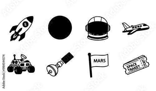 A set of space-themed vector icons and illustrations in black and white