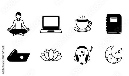 A set of minimalist icons representing wellness and productivity