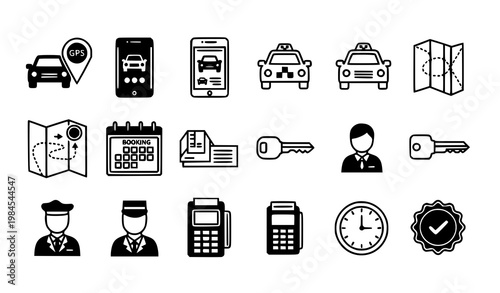 A set of black and white vector icons depicting taxi services and transportation