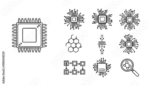 A set of computer processor and circuit board vector illustrations
