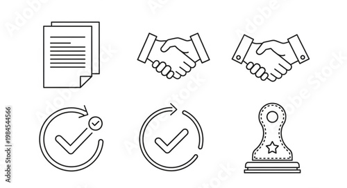 Business Agreement Icons Set With Handshake And Stamp.