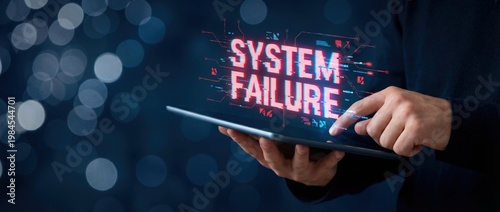 Digital Interface Showing System Failure Alert on Tablet with Blue Bokeh Background for Technology Concept
