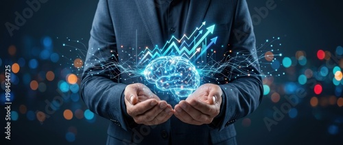 Futuristic Man Holding a Digital Brain with Growth Arrows and Sparkling Lights in a Dark Background