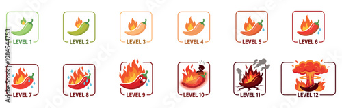 Spicy Chili Pepper Heat Levels Icons. Spicy Chili Pepper Heat Levels Icons Set from Mild to Explosive. Vector illustration. EPS 10