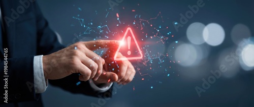 Hand Pointing at Warning Sign in Digital Interface with Abstract Connections and Technology Background