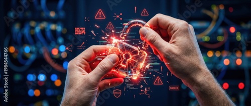 Hands Connecting Digital Network with Cybersecurity Symbols and High-Tech Visual Effects in a Data Center Environment