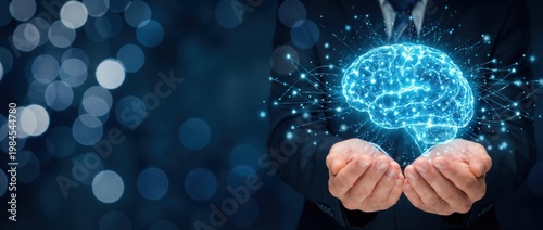 Hands Holding Digital Brain with Glowing Connections in Abstract Background for Technology and Innovation Concept