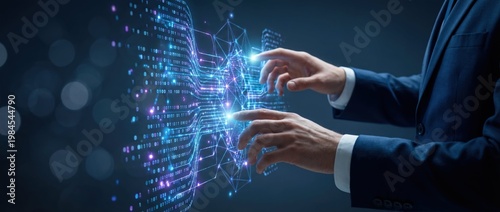 Hands Engaging with Futuristic Technology Interface in a Dark Setting with Bright Digital Elements