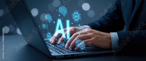 Hands Typing on Laptop with AI Concepts and Neural Networks Represented in a Modern Digital Workspace