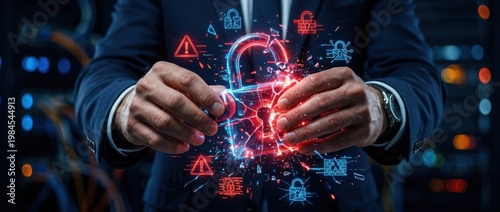 Hands Unlocking Digital Padlock with Cybersecurity Icons in High-Tech Network Environment at Night