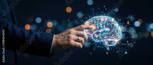 Human hand interacting with digital brain illustration representing artificial intelligence and neural networks