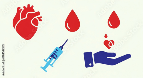 Medical icons representing blood donation and heart health.