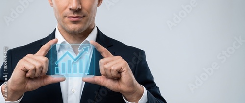 Businessman Holding Digital Bar Graphs Representing Growth and Success in Modern Office Environment