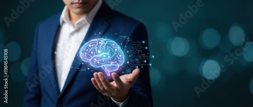 Businessman Holding Virtual Brain with Circuitry Design Representing Artificial Intelligence and Innovation Concepts