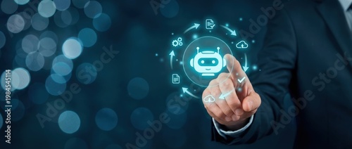 Businessman Interacting with Digital Automation and Technology in Futuristic Virtual Environment