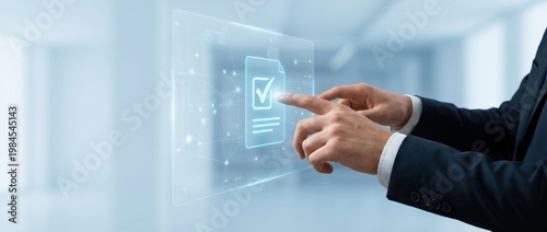 Businessman Interacting with Digital Document and Checkmark in Modern Office Environment