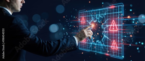 Businessman Interacting with Digital Interface and Warning Symbols on a Futuristic Background
