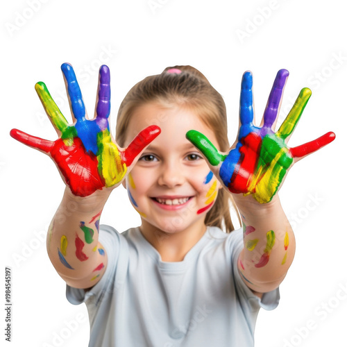 Child with colorful handprints isolated on transparent background