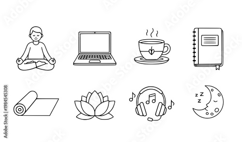 A set of minimalist line art icons representing wellness and self-care activities