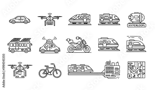 A set of modern transportation icons in a minimalist line art style