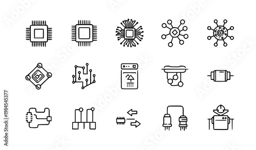 A set of black and white line art icons representing technology and engineering concepts