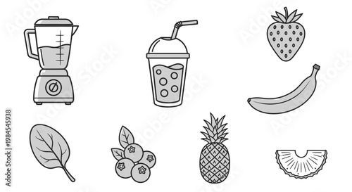 Healthy Smoothie Ingredients and Equipment in Black and White Outline Illustrations