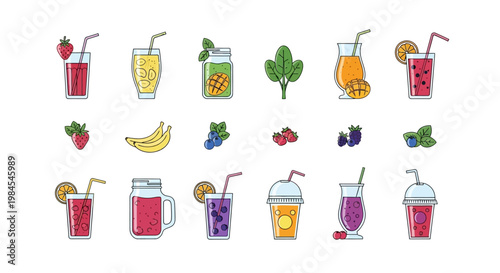Illustrated Assortment of Colorful Juices and Fresh Fruit Elements for Health and Wellness