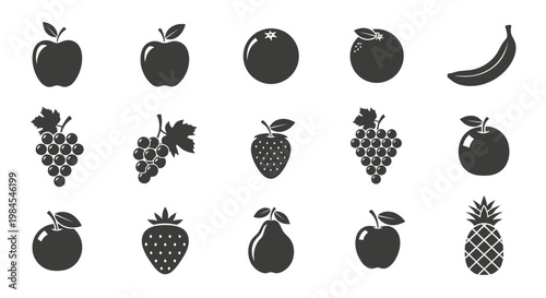 Minimalist monochrome fruit icons, perfect for health, diet, and food-related projects.
