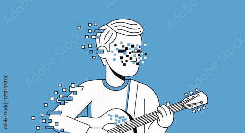 Guitar Player Line Art with Digital Glitch Effect, Modern Music Illustration
