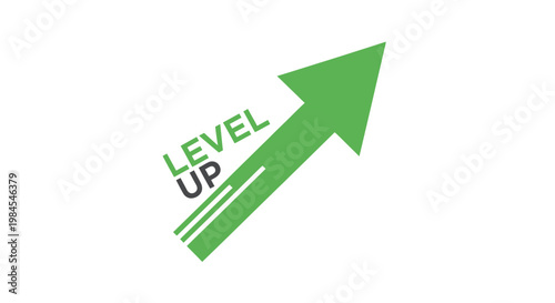 Graphic image of a green arrow pointing up with the words 'level up', symbolizing progress