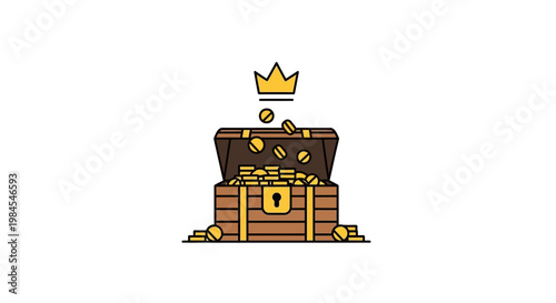 Treasure chest graphic, gold coins, crown, wealth, fortune, and prosperity, simple flat illustration