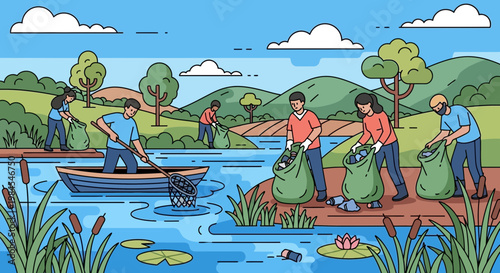 People cleaning polluted river and lake environment.