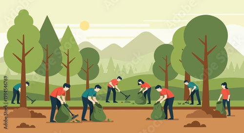 People cleaning up a park environment together.