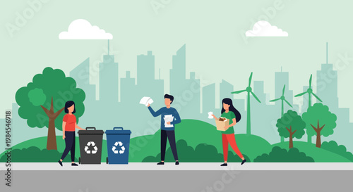 People recycling in a green city environment.