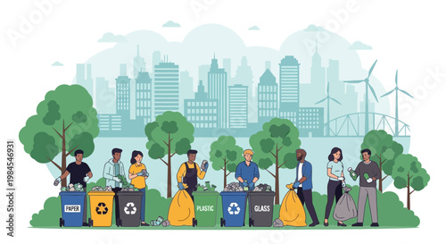 People sorting waste for recycling in a green city.