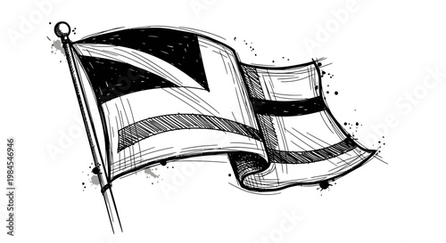 scottish flag waving, black and white illustration