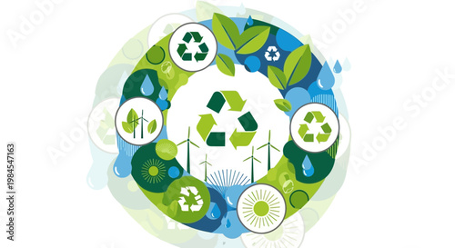 Recycling symbol at the center of a circular ecofriendly design.