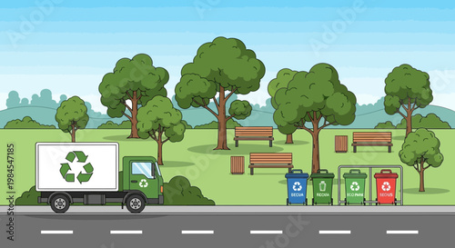 Recycling truck collecting waste from bins in park.