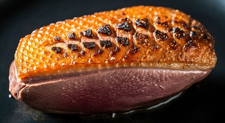 Seared texture of a duck breast skin, dark golden-brown, crispy relief, glistening fat droplets, rich saturation