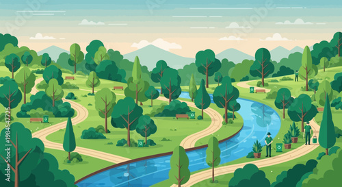 Scenic park with winding river and walking paths.