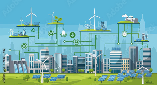 Smart City Energy Grid with Renewable Sources Illustration.