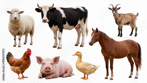 Collection of farm animals isolated on white background including cow sheep goat pig horse duck and chicken